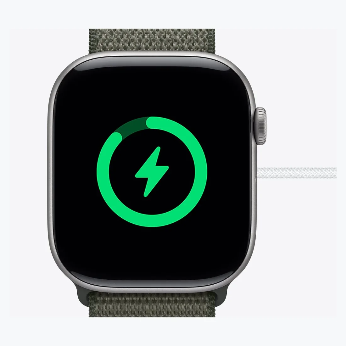 Concept Apple Watch-style device showing a green charging indicator