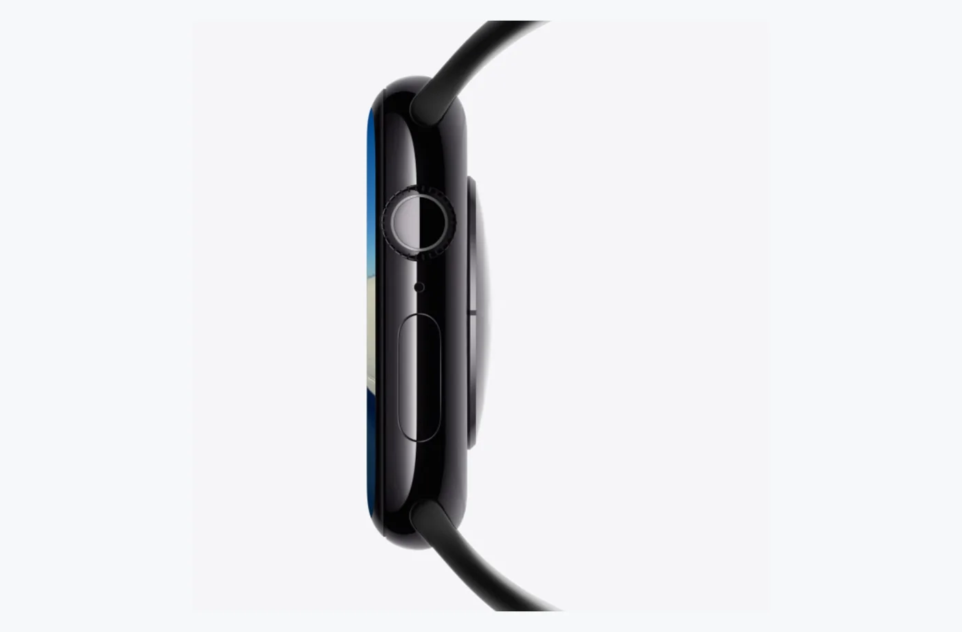 Concept side view of an Apple-style watch with a Digital Crown and side button